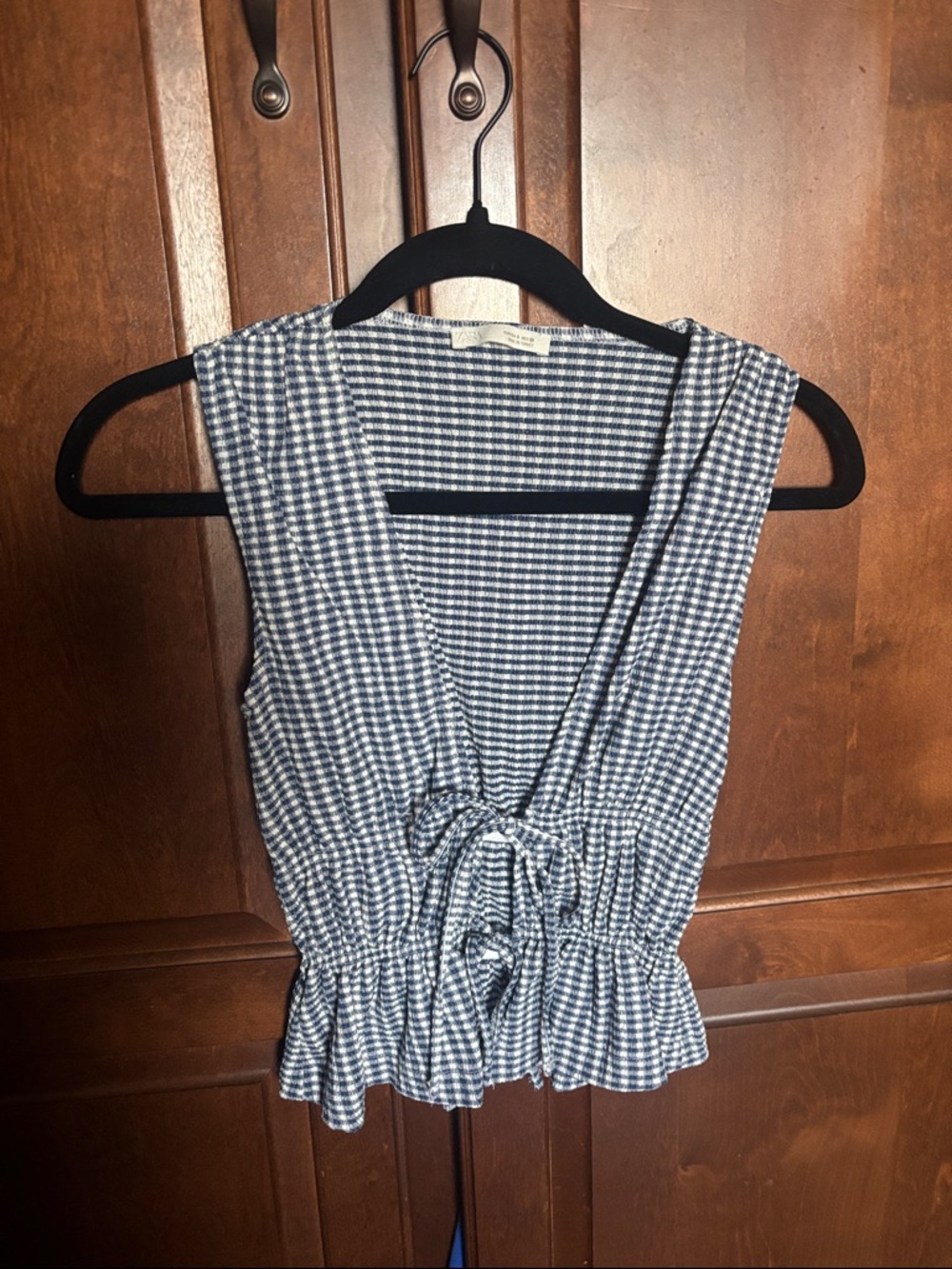 Zara Blue Gingham Tie-Front Sleeveless Tank Top